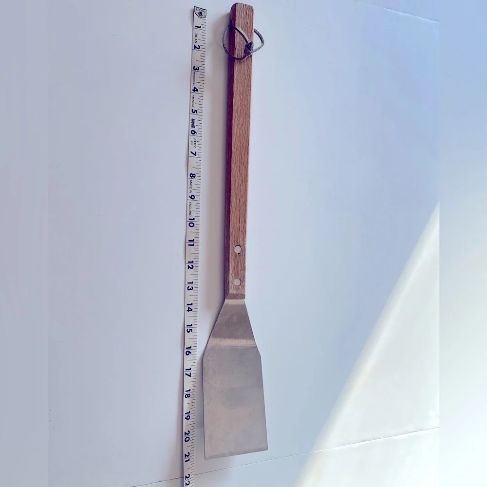 Weathered Professional Stainless Steel BBQ Spatula and Tongs with Wooden Handles